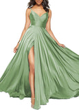 Satin Bridesmaid Dresses for Women Spaghetti Straps Wedding Guest Dress Long V Neck Formal Gown with Slit