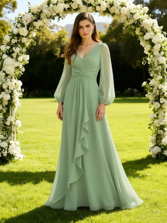 Women's Chiffon Bridesmaid Dresses Long Sleeve Ruffles V-Neck Pleated Formal Wedding Guest Dresses Mother of the bride Dress