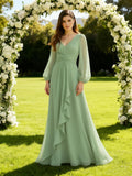 Women's Chiffon Bridesmaid Dresses Long Sleeve Ruffles V-Neck Pleated Formal Wedding Guest Dresses Mother of the bride Dress
