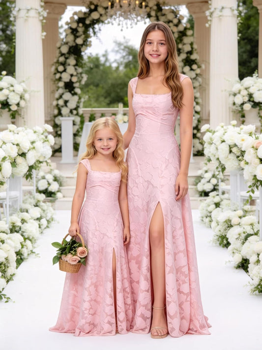 Square Neck Junior Bridesmaid Dresses Floral Lace Flower Girl Dress for Wedding Ruched Slit Girls Formal Dress