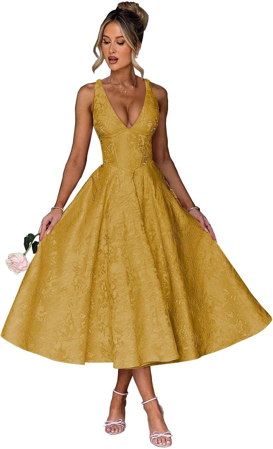 V Neck Tea Length Prom Dress for Women Satin Evening Party Gown A Line Cocktail Dress