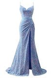 Spaghetti Straps Sequin Prom Dresses for Women 2027 Mermaid Ruched Formal Dress with Slit Sparkly Evening Party Gown