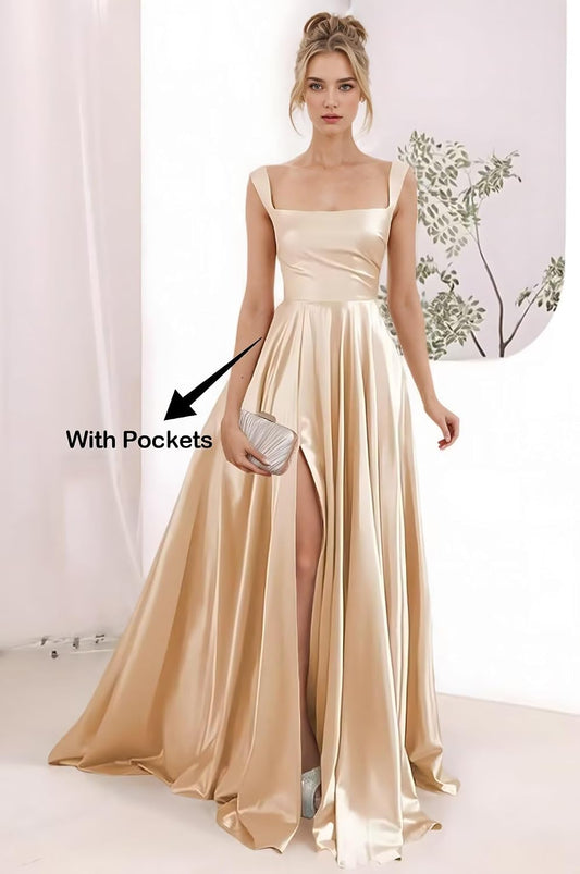 Spaghetti Straps Satin Bridesmaid Dresses for Women Long A-Line Square Neck Formal Evening Party Gown with Slit