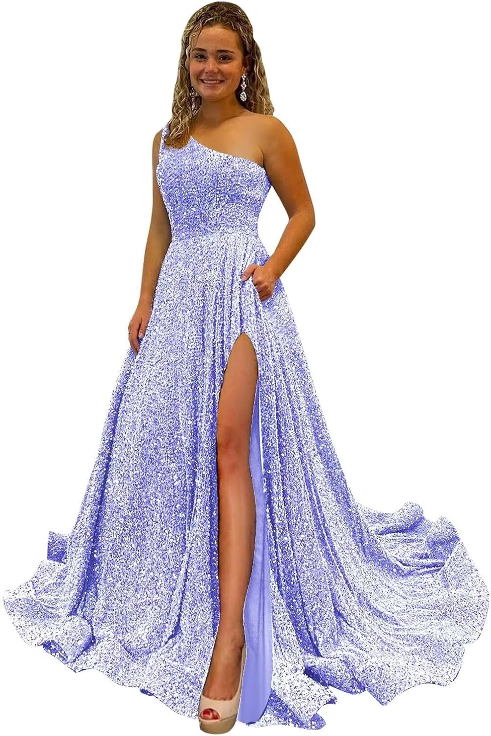 One Shoulder Sequin Prom Dresses for Women Long Sparkly A-Line Slit Formal Evening Party Ball Gowns with Pockets