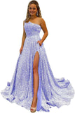 One Shoulder Sequin Prom Dresses for Women Long Sparkly A-Line Slit Formal Evening Party Ball Gowns with Pockets