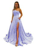 One Shoulder Sequin Prom Dresses for Women Long Sparkly A-Line Slit Formal Evening Party Ball Gowns with Pockets