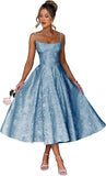 Jacquard Floral Satin Prom Dresses for Women 2026 Spaghetti Straps A-Line Midi Formal Evening Party Gown with Pockets