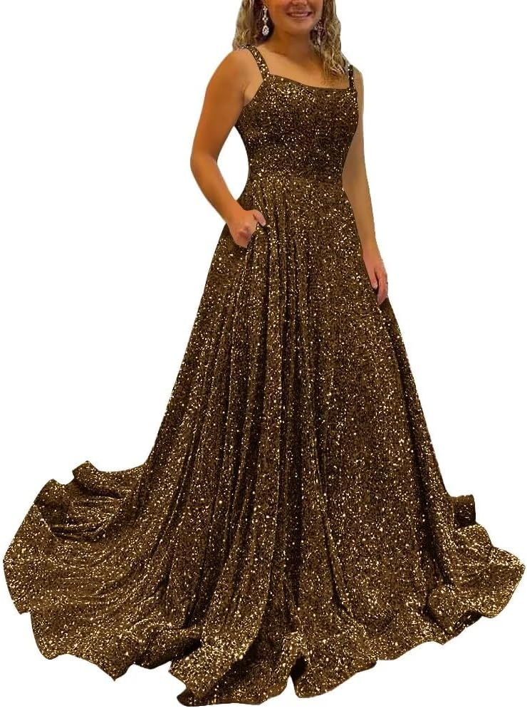 Kingbridal Gowns Spaghetti Straps Prom Dresses Long for Women 2026 A Line Sequin Satin Formal Evening Party Ball Gowns with Slit