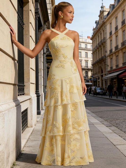 Tulle Tiered Lace Prom Dresses 2026 Long Halter Floral Bridesmaid Formal Evening Dress for Women