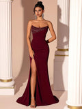 Mermaid Satin Prom Dresses for Women Strapless Sequin Formal Dress 2027 Pleated Evening Party Gowns with Slit