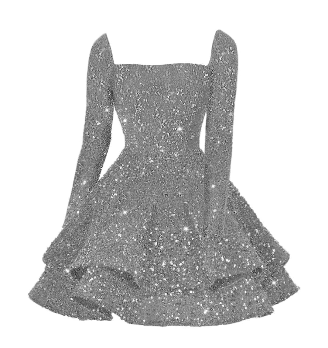 Sequin Short Homecoming Dress for Teen Sparkly Long Sleeve Prom Sweet 16 Dresses Cocktail Gowns