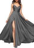 Satin Bridesmaid Dresses for Women Spaghetti Straps Wedding Guest Dress Long V Neck Formal Gown with Slit