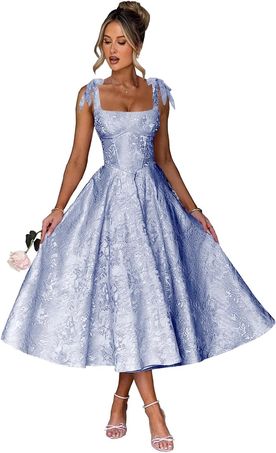 Women's Midi Bridesmaid Dresses Jacquard Satin with Bow Spaghetti Straps Square Neck Formal Wedding Guest Dress