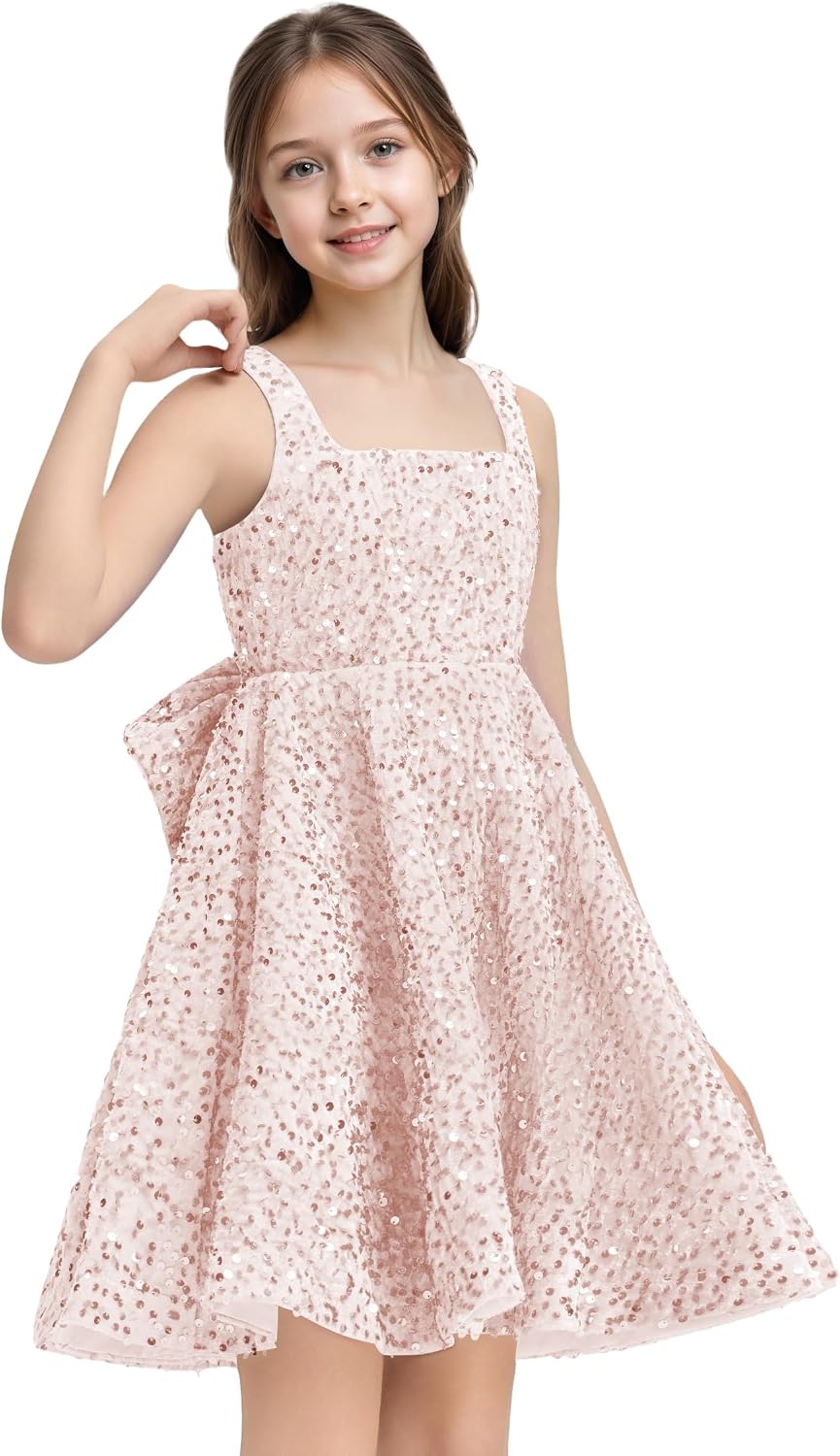 Sequins Flower Girl Dresses Short - Square Neck Princess Pageant Dress Kids A Line Communion Formal Party Gown
