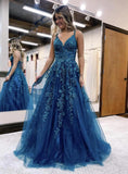 Women's Sparkly Tulle Lace Applique Prom Dresses 2025 Long Spaghetti Straps Formal Evening Gowns