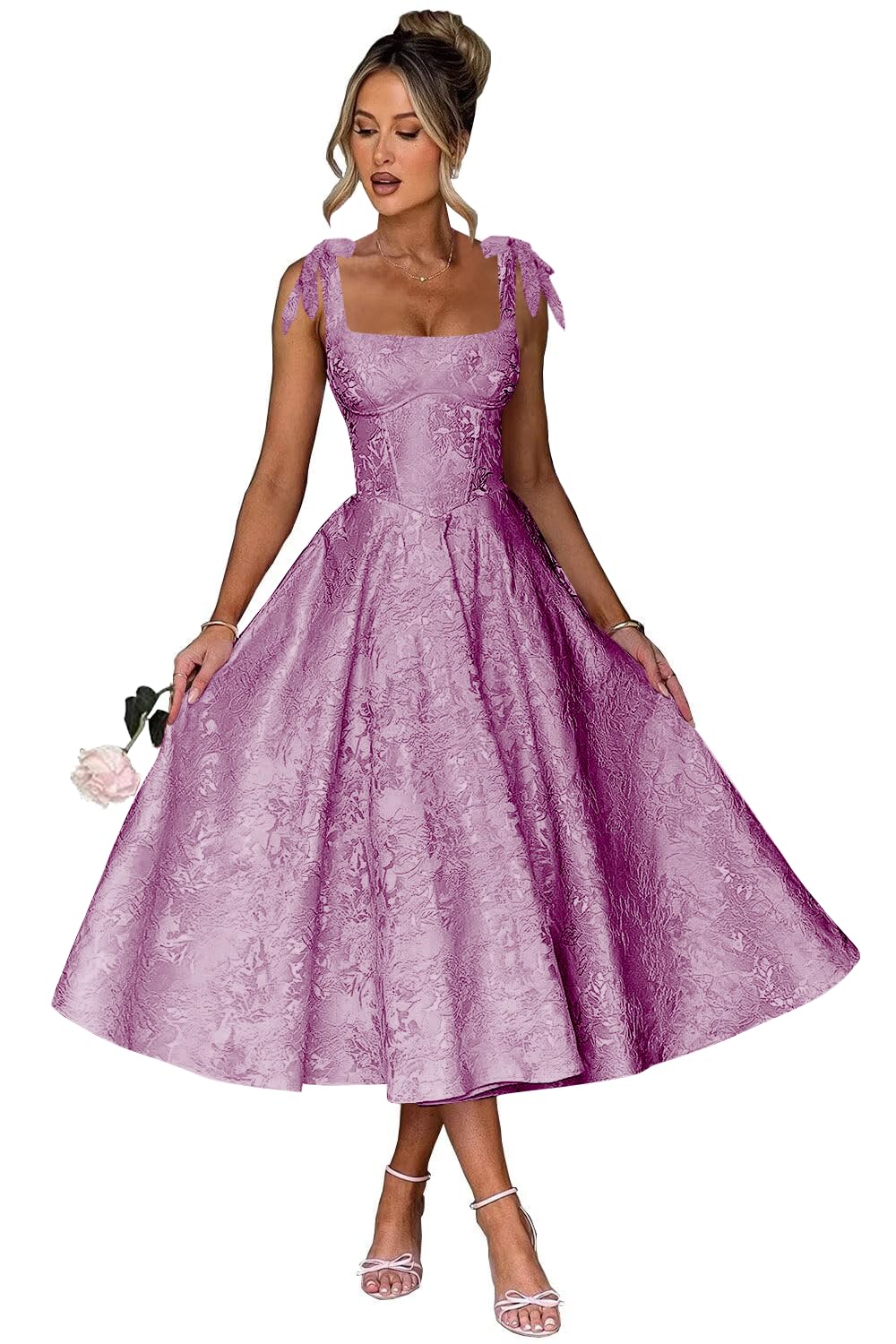 Women's Midi Bridesmaid Dresses Jacquard Satin with Bow Spaghetti Straps Square Neck Formal Wedding Guest Dress