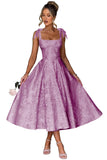 Women's Midi Bridesmaid Dresses Jacquard Satin with Bow Spaghetti Straps Square Neck Formal Wedding Guest Dress