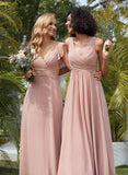 Women's V Neck Ruffle Chiffon Bridesmaid Dresses Long with Pockets Ruched Formal Dresses