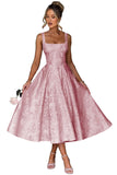 Floral Satin Jacquard Prom Dresses 2026 A-Line Tea Length Midi Square Neck Evening Party Gown with Pockets for Women