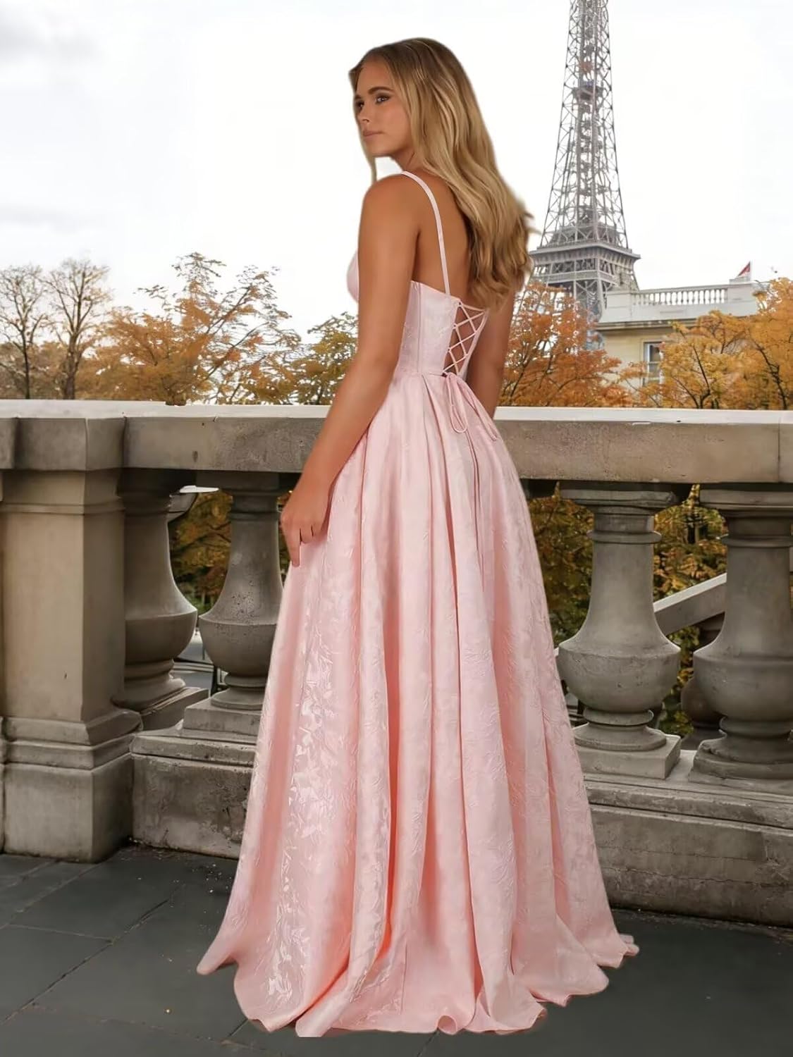 Satin Spaghetti Straps Prom Dresses for Women Jacquard Aline Backless Formal Evening Party Ball Gowns with Pockets