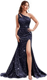 Kingbridal Gowns One Shoulder Sequin Prom Dresses with Slit 2026 Mermaid Formal Dress for Women Sparkly Ruched Evening Party Gowns