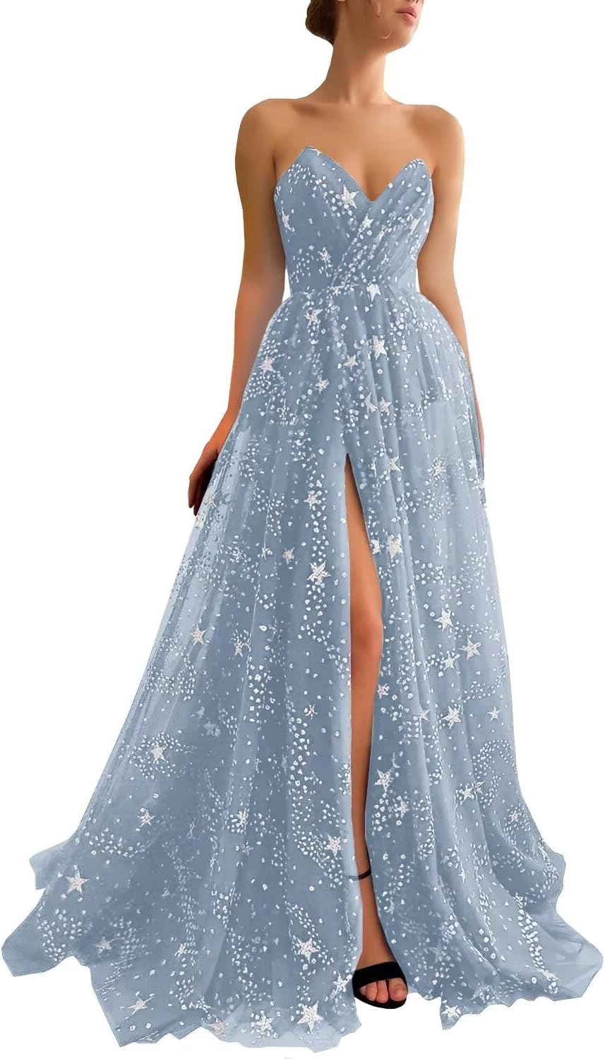 Women's Sparkle Starry Tulle Prom Dresses Strapless Long Formal Evening Party Gowns with Slit