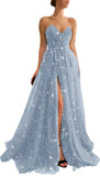 Women's Sparkle Starry Tulle Prom Dresses Strapless Long Formal Evening Party Gowns with Slit