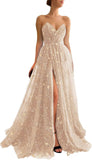 Women's Sparkle Starry Tulle Prom Dresses Strapless Long Formal Evening Party Gowns with Slit