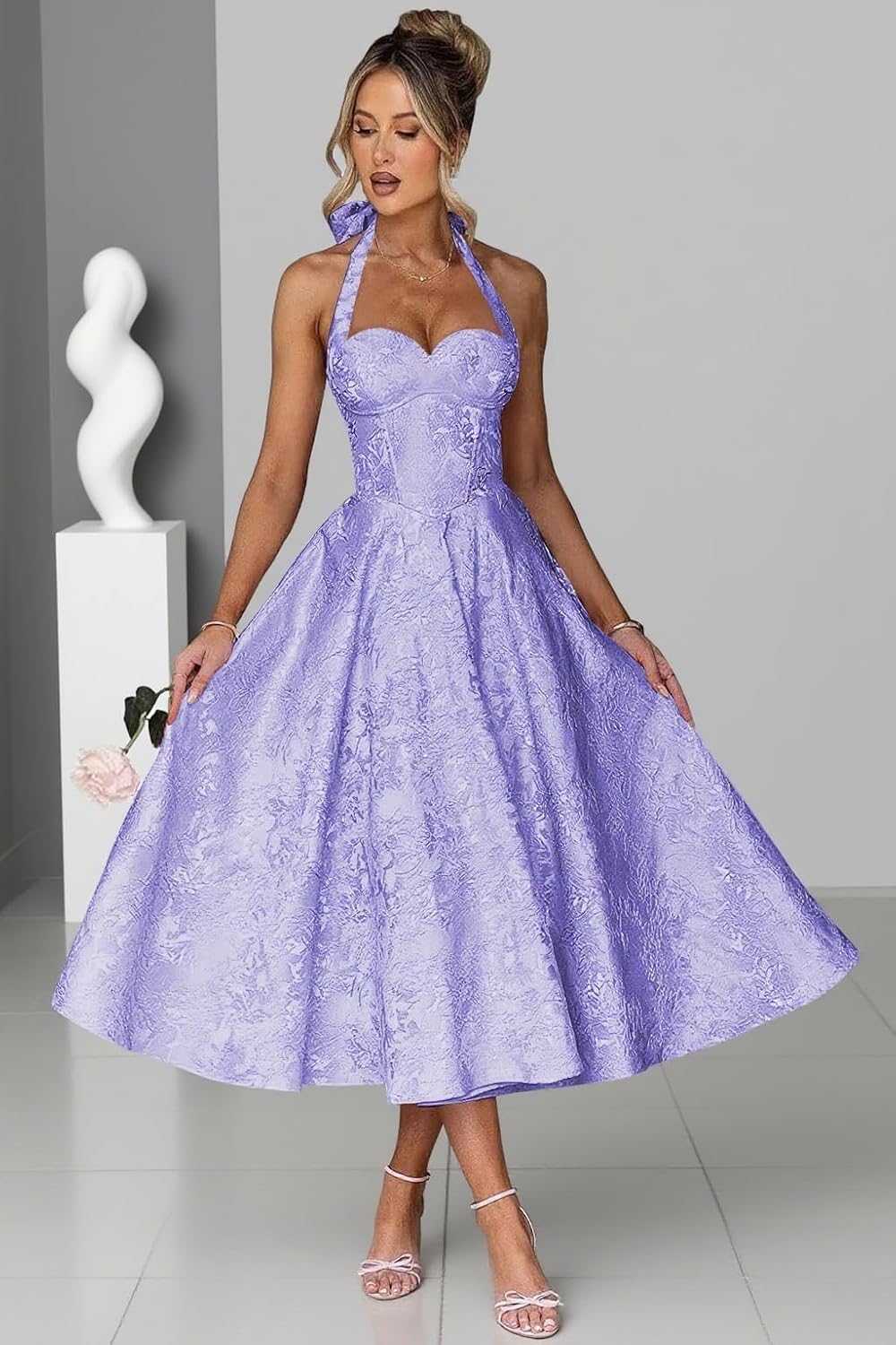 Jacquard Satin Prom Dresses for Women Vintage A-Line Midi Halter Sweetheart Formal Evening Party Gowns with Pockets