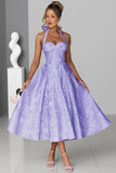 Jacquard Satin Prom Dresses for Women Vintage A-Line Midi Halter Sweetheart Formal Evening Party Gowns with Pockets