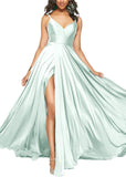 Satin Bridesmaid Dresses for Women Spaghetti Straps Wedding Guest Dress Long V Neck Formal Gown with Slit