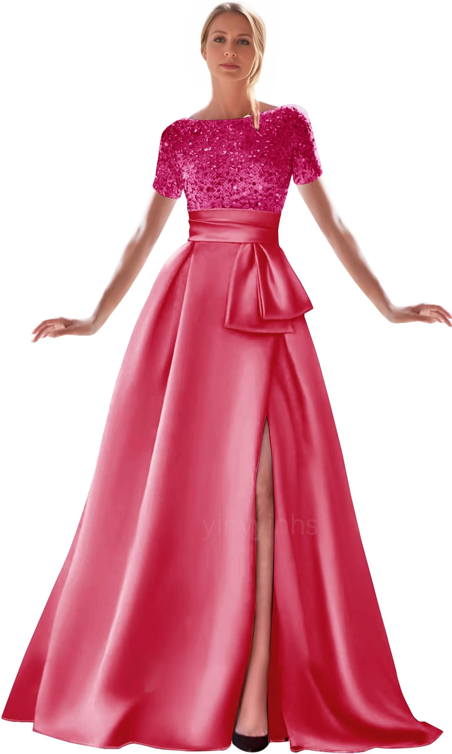Kingbridal Gowns Short Sleeve Sequin Prom Dresses for Women 2026 Satin A-Line Sparkly Formal Evening Party Ball Gowns with Slit