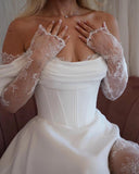 Off Shoulder Satin Wedding Dresses Lace Long Sleeve Prom Dresses Corset A-Line Ball Gowns with Slit