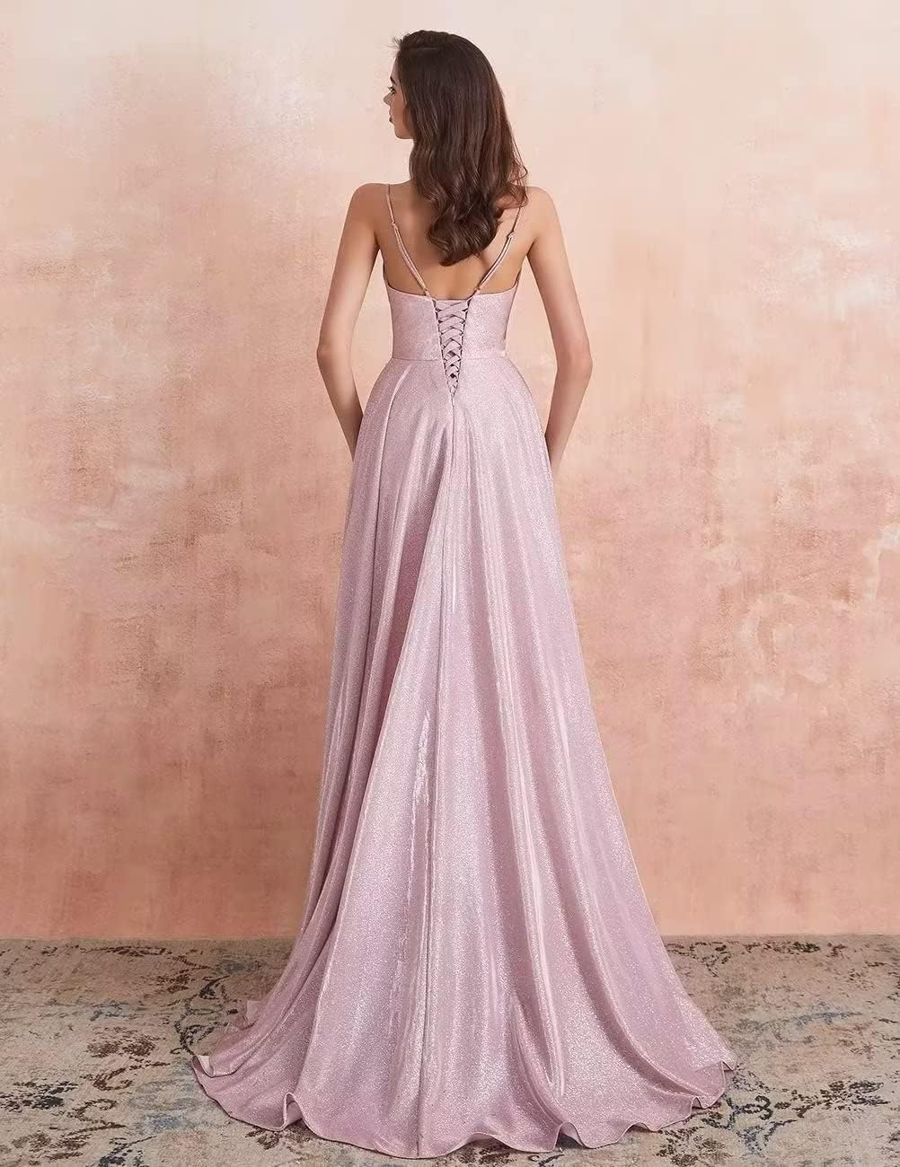 Women's Spaghetti Straps Prom Dresses Long V-Neck Sparkling Bridesmaid Dresses Formal Evening Gowns with High Slit