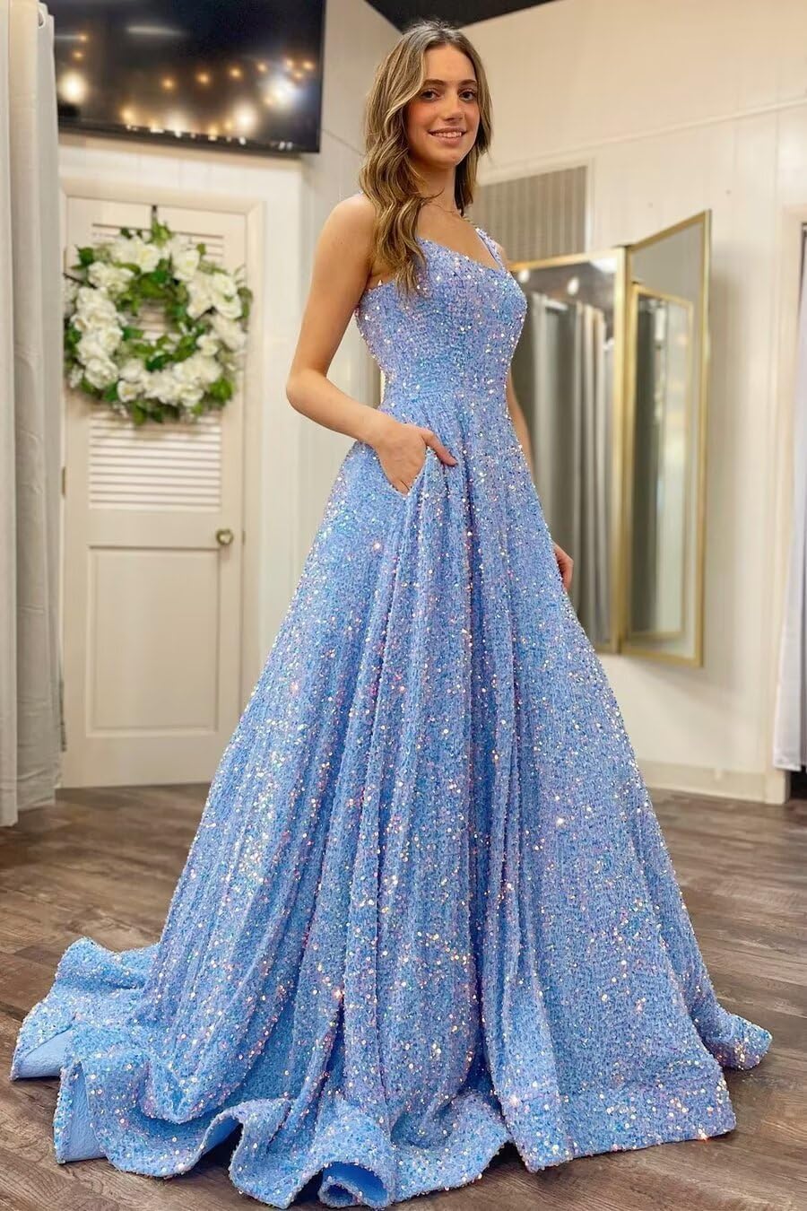 Kingbridal Gowns Spaghetti Straps Prom Dresses Long for Women 2026 A Line Sequin Satin Formal Evening Party Ball Gowns with Slit