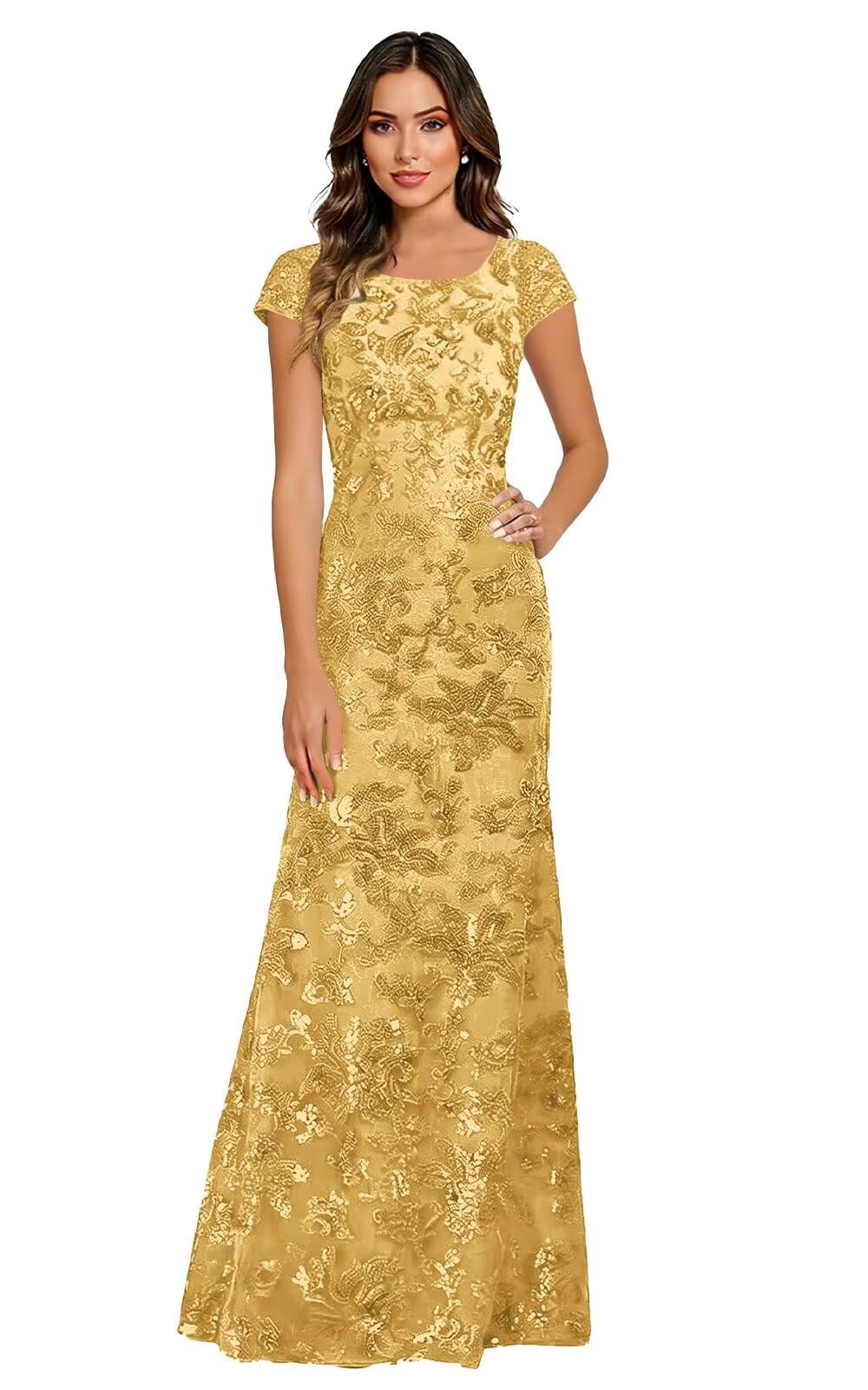 Lace Appliques Scoop Neck Sequin Mother of the Bride Dresses Mermaid Short Sleeve Formal Evening Gowns