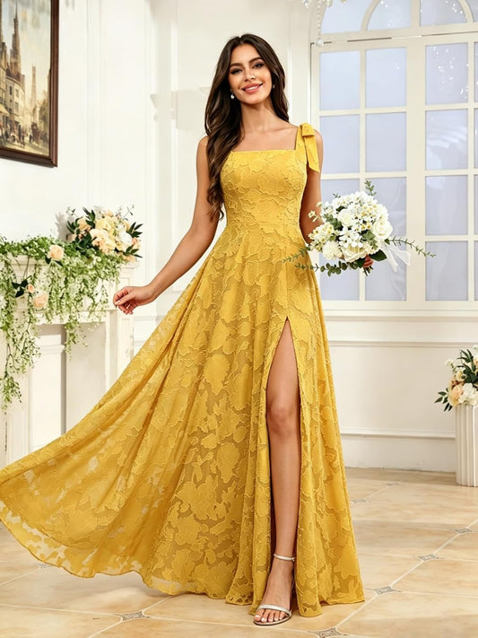Spaghetti Straps Chiffon Bridesmaid Dresses Ruched Jacquard A Line Formal Dress for Wedding Guest with Slit