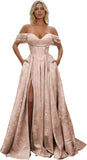 Off Shoulder Long Prom Dress 2026 Floral Satin A-Line Corset Ball Formal Evening Gown with Slit