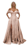 Off Shoulder Long Prom Dress 2026 Floral Satin A-Line Corset Ball Formal Evening Gown with Slit