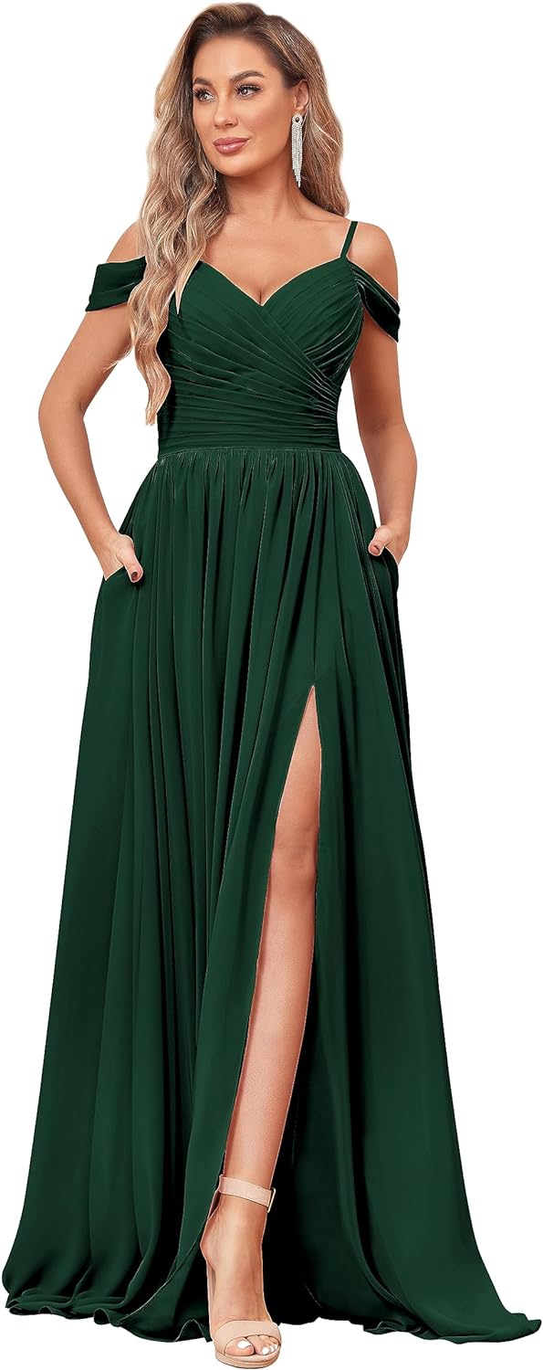 Women's Off Shoulder Bridesmaid Dress with Slit Chiffon Pleated Long Formal Dress