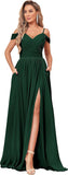 Women's Off Shoulder Bridesmaid Dress with Slit Chiffon Pleated Long Formal Dress