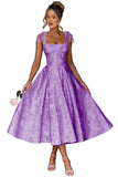 Women's Midi Bridesmaid Dresses Jacquard Satin with Bow Spaghetti Straps Square Neck Formal Wedding Guest Dress