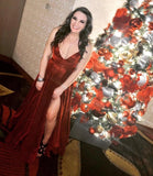 Women's Glittery Spaghetti V-Neck Prom Dresses Long Side Split Formal Evening Gowns