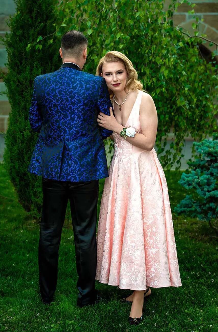White Prom Dresses Halter Midi Jacquard Formal Dress V-Neck Engagement Dress Satin Floral Jacquard for Women 2027 with Pockets