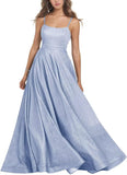 Women's Glitter Prom Dresses Long Ball Gown Spaghetti Straps Neck Formal Evening Party Dress for Teens