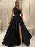 Women's One Shoulder Prom Dresses 2026 Long Slit Satin Formal Evening Gowns with Pockets