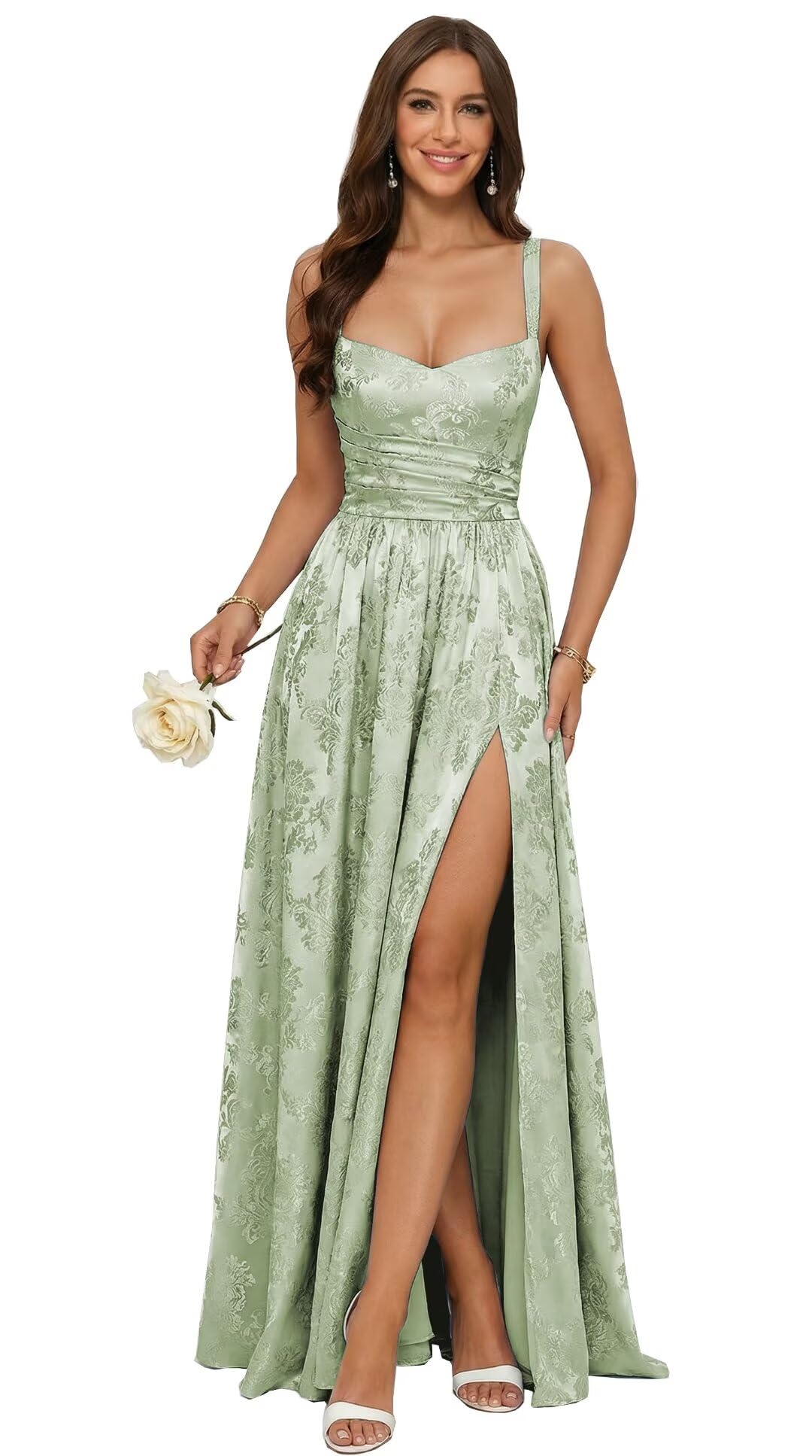 Jacquard Satin Prom Dresses with Slit Spaghetti Straps A Line Maxi Long Formal Dress
