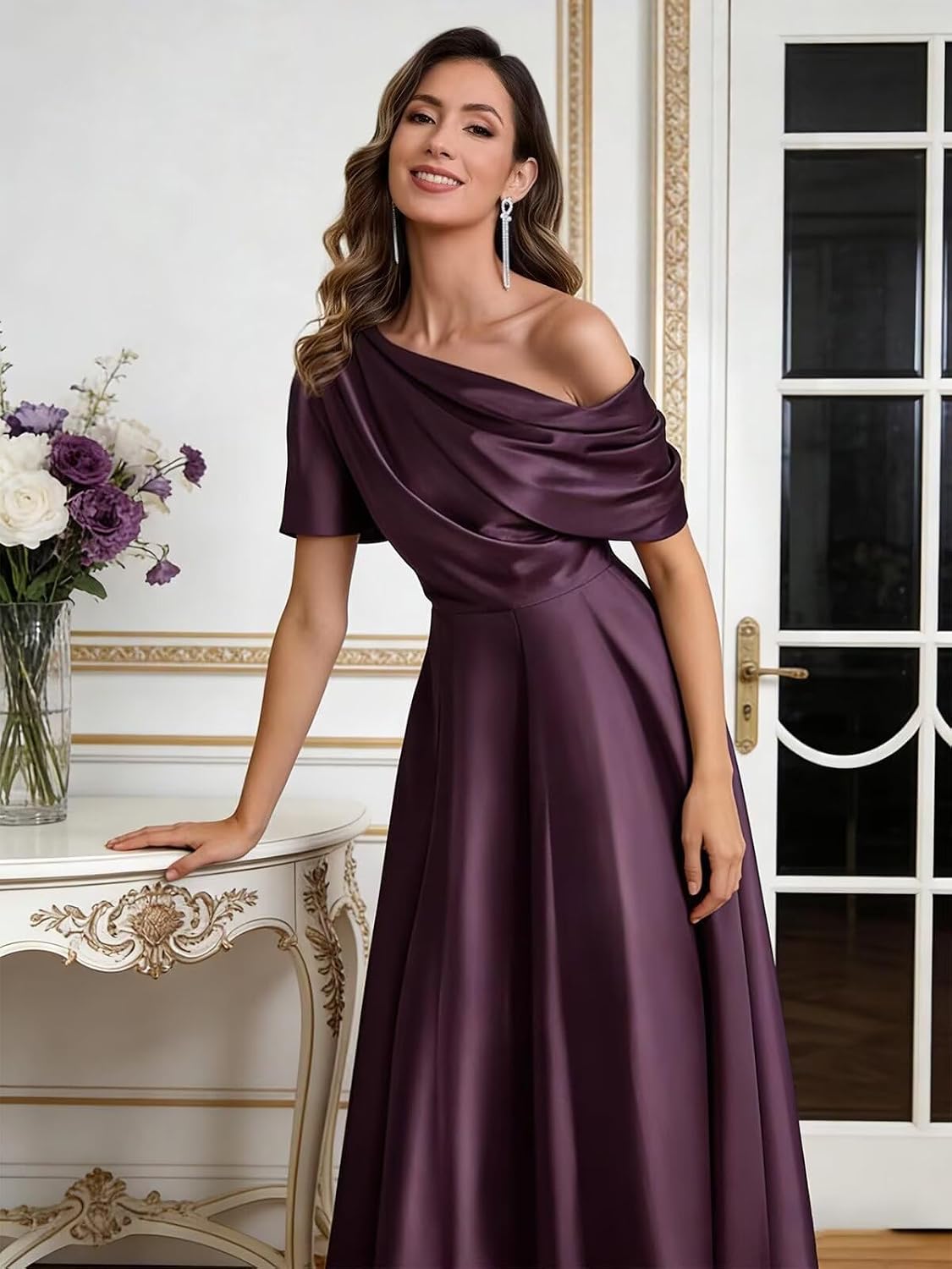 Kingbridal Satin Mother of The Bride Dresses for Women Tea Length Formal Dress One Shoulder Evening Party Gowns with Pockets