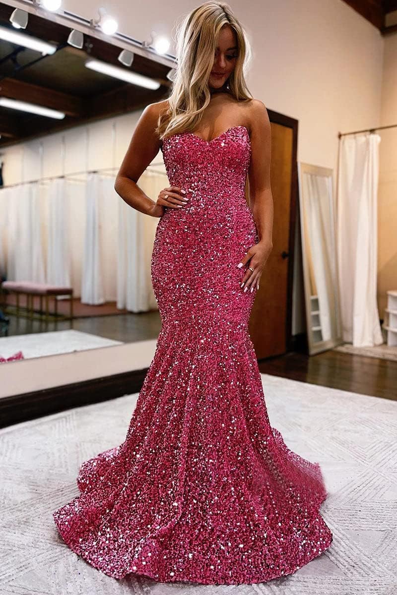 Women's Strapless Sequin Prom Dresses with Train Criss-Cross Mermaid Long Formal Evening Gowns