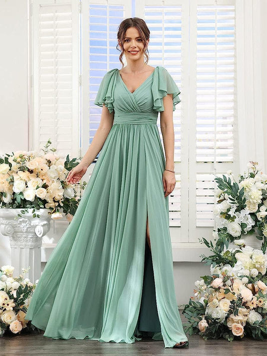 V Neck Flutter Sleeves Bridesmaid Dresses with Slit 2025 Chiffon Aline Pleats Formal Evening Gowns for Women